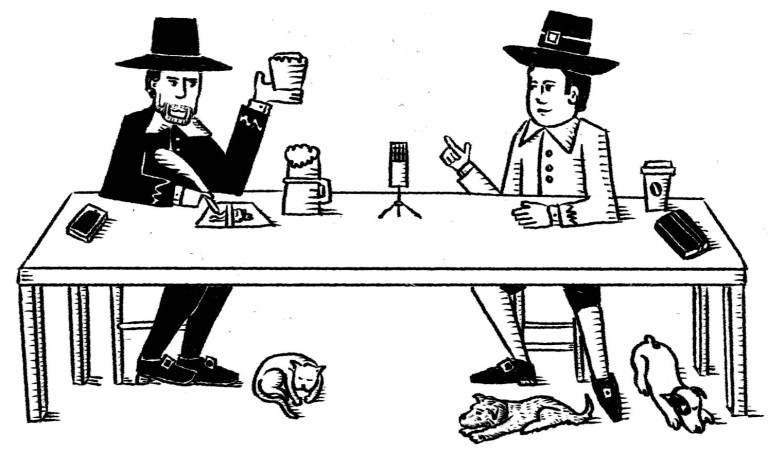 A drawing of the two podcast protaganists showing R Turpin holding a pie, while J Elliman spouts forth nonsense.